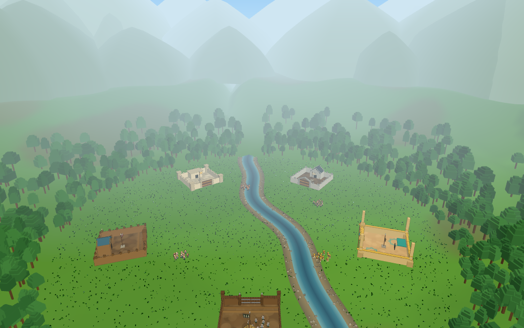 A wide forest valley in The Great Warlords, with a river winding between five coloured forts and misty mountains behind.
