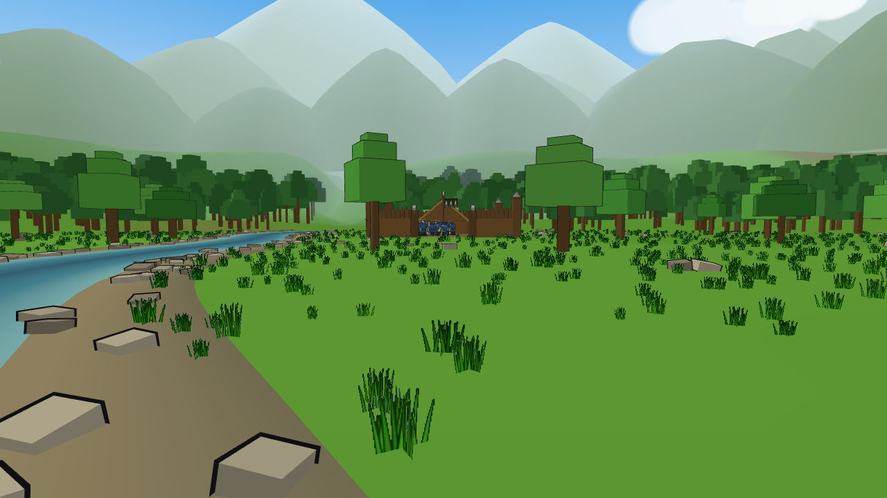 A forest battlefield with a river running past a wooden fort and mountains on the horizon.