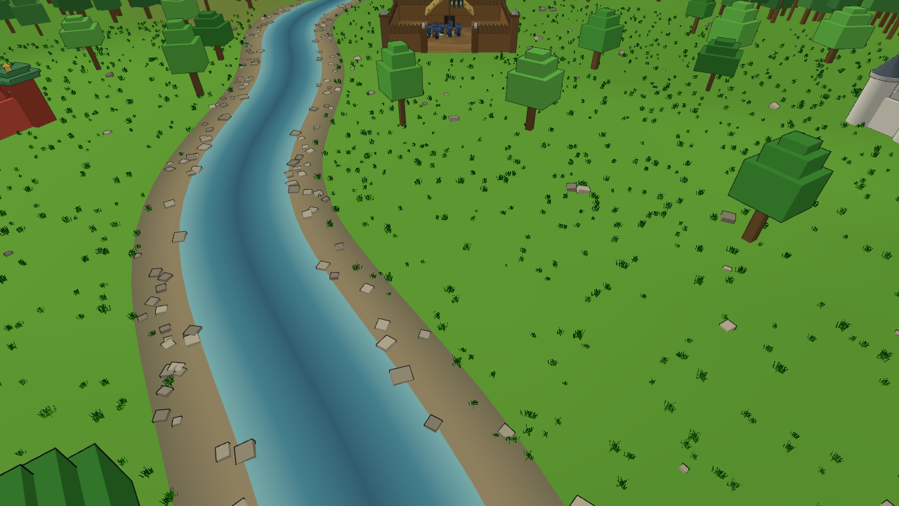 Overhead view of a river cutting through a green battlefield, with a defended fort on the far bank.