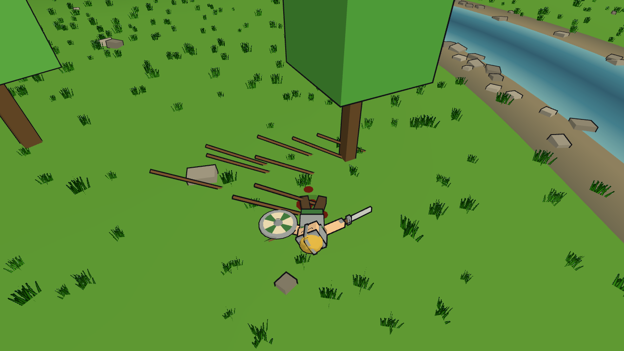 Close view of a fallen warrior with thrown spears scattered across the grass.