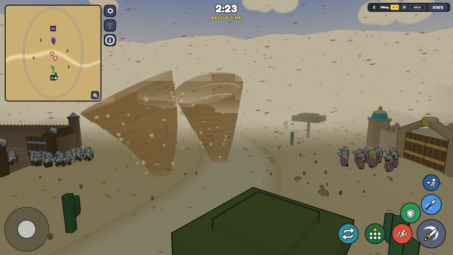 Two armies facing each other across desert sand during a sandstorm.