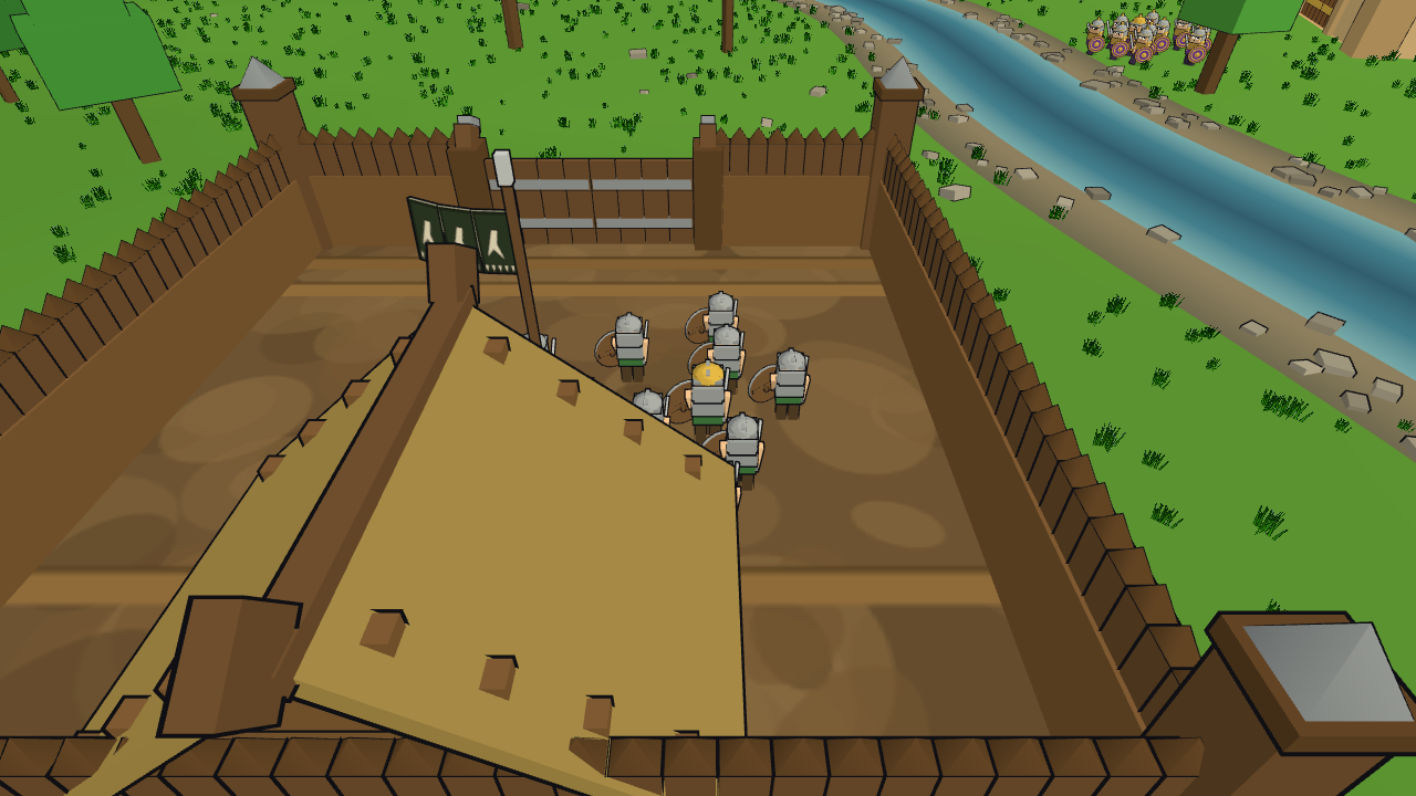 A warband advancing across an open forest field toward a distant fort.