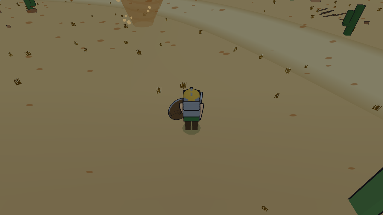 A warrior standing in a desert sandstorm with a dust funnel rising behind them.